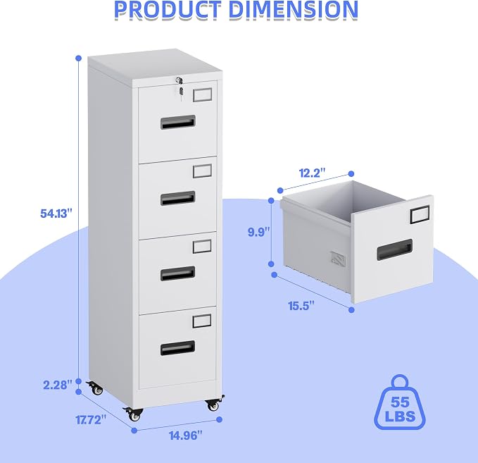 Aobabo 4 Drawer File Cabinet with Lock and Wheels, Metal Vertical Filing Cabinet with Anti-Tilt Interlock System for Home Office, Fits Letter/Legal Size, White,Required Assembly