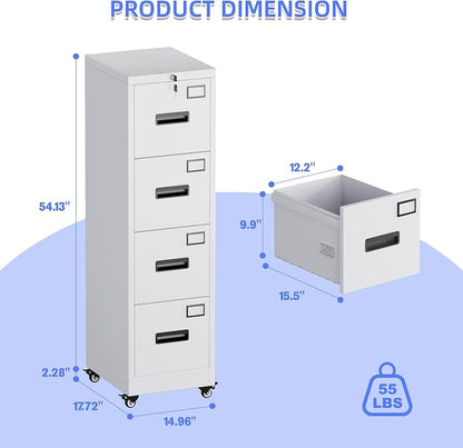 Aobabo 4 Drawer File Cabinet with Lock and Wheels, Metal Vertical Filing Cabinet with Anti-Tilt Interlock System for Home Office, Fits Letter/Legal Size, White,Required Assembly