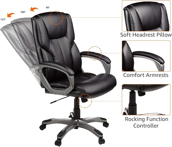 Amazon Basics Executive High Back Office Chair, Adjustable Height, Tilt, Swivel, Padded Seat, Bonded Leather, Wheels, Black/Silver