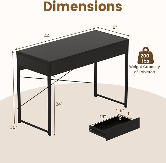 Giantex Computer Desk with 2 Drawers, 44 Inch Home Office Desk with Anti-Toppling Device & Metal Frame, Compact Laptop PC Table, Makeup Vanity Table, Modern Study Writing Desk for Small Spaces (Black)