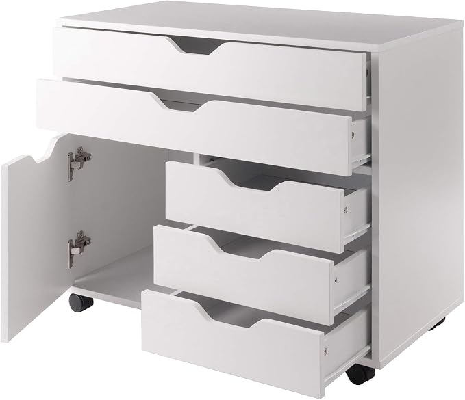 Winsome Halifax Mobile Storage Cabinet with 1 Door & 5 Drawers in White, Stylish & Functional Home Storage Cabinet for Filing, Kitchen Organization, Moveable Furniture for Office, Dorms, Apartments