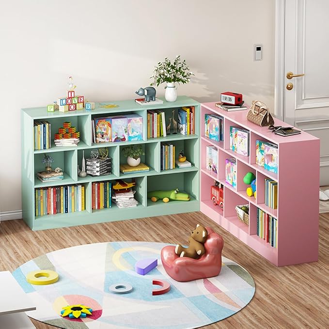 IOTXY Open Shelf Low Bookcase - Wooden 3-Tier Floor Standing Display Cabinet Organizer with Base, 5 Cubes Short Horizontal Bookshelf in Tiffany-Green