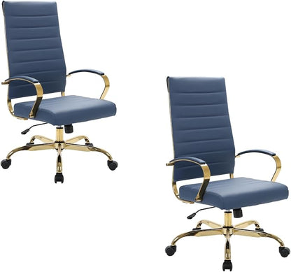 LeisureMod Modern High-Back Leather Office Chair - Swivel & Adjustable Executive Desk Chair with Gold Frame, Ergonomic Design for Home & Office (Navy Blue, Set of 2)
