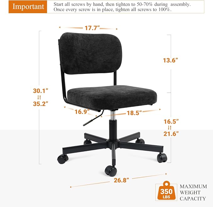Vanity Chair with Wheels, Cute Armless Desk Chair with Back, Height Adjustable Swivel Small Office Chair, Comfy Fabric Computer Task Chair for Bedroom, Study, Dressing Room Black