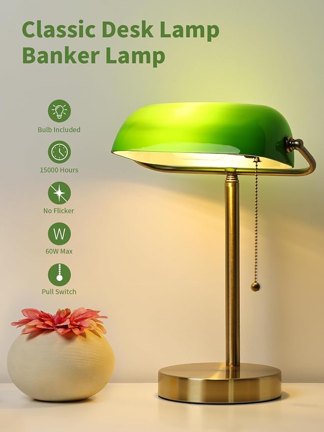 Traditional Green Glass Bankers Desk Lamp,LED Bulb Included | Pull Chain Switch Plug in Fixture