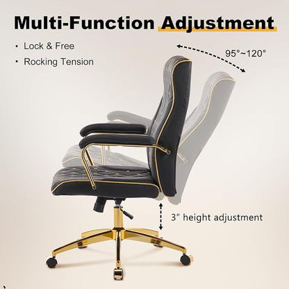 Furniliving Black and Gold Office Chair, Leather Office Chairs, Adjustable Vanity Chair with Golden Legs and Padded Armrest, Modern Upholstered Computer Chair with Wheels,Black