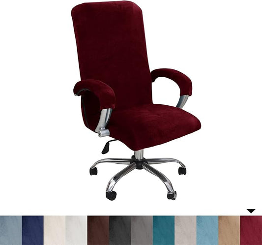 Velvet Plush Office Desk Chair Cover, Wine Red, XL | Wide Large, Cat Proof Stretchable Protector, For Ergonomic Desk Chair with Wheels and Armrests, Comfy Mesh Executive Chair