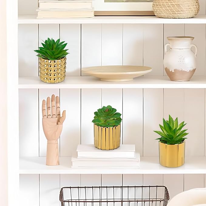 Briful Succulents Plants Artificial in Gold Ceramic Pots (Set of 3), Small Fake Plants for Home Office Desk Decor – Modern Mini Potted Succulents for Bathroom, Bedroom, Living Room Table, Shelf