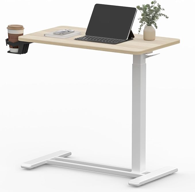SANODESK Medical Adjustable Overbed Bedside Table with Hidden Casters, Pneumatic Mobile Laptop Computer Standing Desk Cart with Tray, Hospital and Home Use(31.5" W x 17.7" D, Pink)