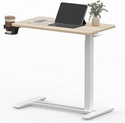 SANODESK Medical Adjustable Overbed Bedside Table with Hidden Casters, Pneumatic Mobile Laptop Computer Standing Desk Cart with Tray, Hospital and Home Use(31.5" W x 17.7" D, Pink)