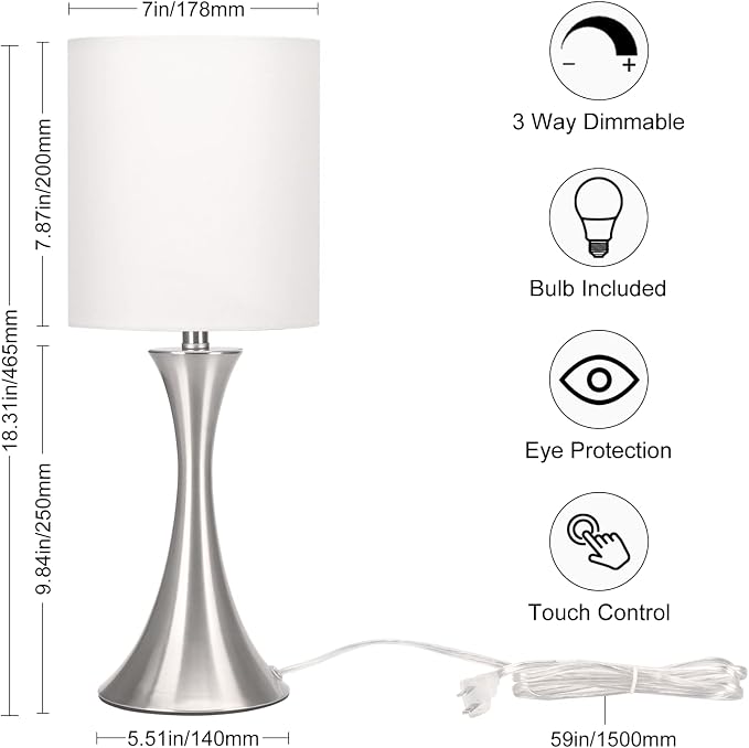 Touch Control Table Lamp, 3-Way Dimmable Bedside Lamp for Living Room, Modern Nightstand Lamp for Bedroom, Silver Table Lamp with White Shade, Desk Lamp for Dorm, Home, Office, 3000K LED Bulb Included
