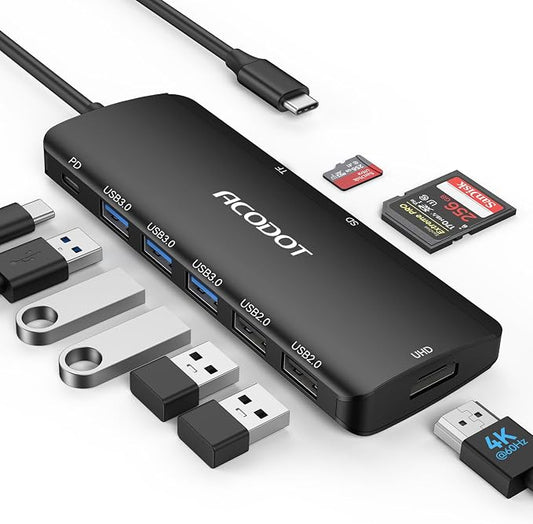 USB C Hub, 9-in-1 Multi-Port USB Adapter, 4K@60Hz HDMI, 100W Max PD, 3 USB3.0(5Gbps) + 2 USB2.0 Data Ports, SD/TF Card Reader for MacBook, iPad Pro, Dell, HP, Lenovo, Windows Laptop, Black
