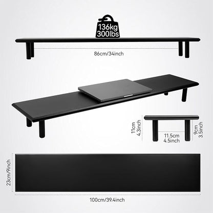 Bamboo Dual Monitor Stand Riser with Underneath Storage, Ergonomic Desk Shelf Supports PC Computer Monitor, Printer, TV for Home, Office, Black