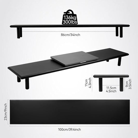 Bamboo Dual Monitor Stand Riser with Underneath Storage, Ergonomic Desk Shelf Supports PC Computer Monitor, Printer, TV for Home, Office, Black
