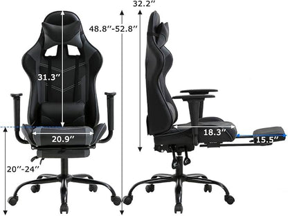 BestOffice | Ergonomic Gaming Chair | Grey | Reclining Computer Chair with Lumbar Support, Headrest Pillow, Adjustable Footrests | 360 Swivel with Heavy Duty Wheels | for Home & Office