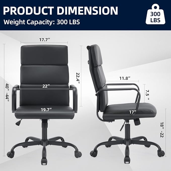 Office Chair, Ergonomic Executive Conference Room Chairs, Ribbed Leather Desk Chair with Lumbar Support, Adjustable Height Mid-Back Swivel Chair with Padded Seat