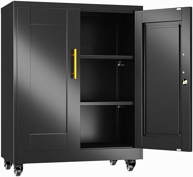 erosoei 35" H Metal Garage Storage Cabinet, Rolling Tool Cabinet with 2 Doors and Wheels, Locker Steel Cabinet with 2 Adjustable Shelves, Organization Cabinet for Garage,Office,Home,Gym,School（Black）