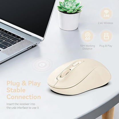 Wireless Mouse, 2026 New Model, Silent Click Ergonomic Design, Portable, 4 Buttons, Adjustable DPI (800/1200/1600), for Laptop/PC/Office (Beige)