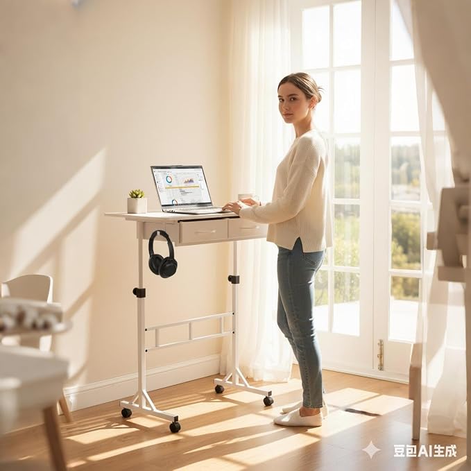 Small Standing Desk for Walking Pad with Drawers, 27.6"-49.2" Adjustable Folding Standing Desk, 32in Portable Standing Desk on Wheels, Rolling Desk for Home/Classroom/Office, White