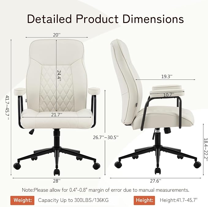 Furniliving Leather Office Chair, Comfy Home Office Desk Chair, Mid Century Modern Office Chair with Lumbar Support, Mid-Back Adjustable Swivel Computer Chair with Wheels and Arms, Cream White