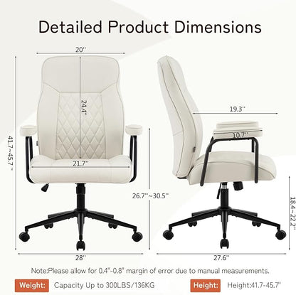 Furniliving Leather Office Chair, Comfy Home Office Desk Chair, Mid Century Modern Office Chair with Lumbar Support, Mid-Back Adjustable Swivel Computer Chair with Wheels and Arms, Cream White
