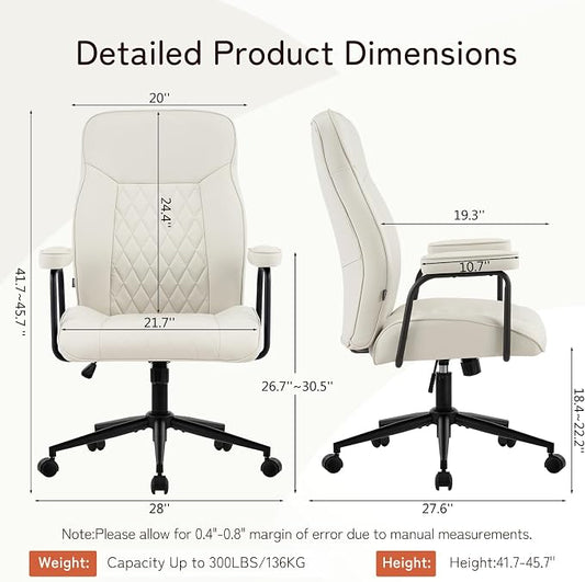 Furniliving Leather Office Chair, Comfy Home Office Desk Chair, Mid Century Modern Office Chair with Lumbar Support, Mid-Back Adjustable Swivel Computer Chair with Wheels and Arms, Cream White