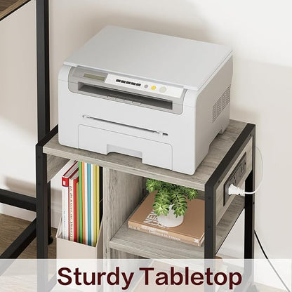 GAOMON Under Desk Printer Stand with Charging Station, Industrial Printer Table with 3 Storage Shelves, Mobile Heavy Duty Printer Cart with Lockable Wheels for Paper Storage, Home Office, Retro Gray