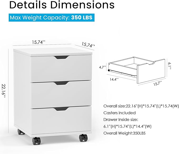 Farini Wood File Cabinet for Home Office,Under Desk 3 Drawer Mobile File Cabinet(White,Fully-Assembled)