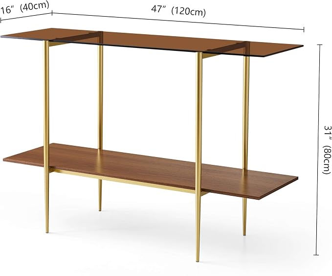 LumFurn Extra Large Glass Console Table for Living Room, Foyer & Entrance, L47 x W16 x H31, Mid-Century Modern Sofa Table with Amber Glass Top, Walnut Finish Wood Top and Gold Finish Metal Frame