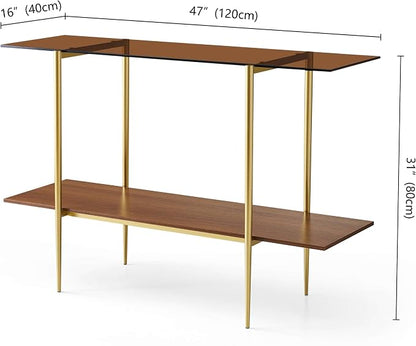 LumFurn Extra Large Glass Console Table for Living Room, Foyer & Entrance, L47 x W16 x H31, Mid-Century Modern Sofa Table with Amber Glass Top, Walnut Finish Wood Top and Gold Finish Metal Frame