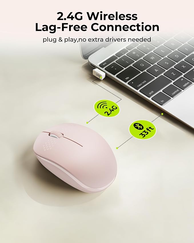 seenda Wireless Mouse for Laptop, 2.4G Noiseless Mouse with USB Receiver - Optical Tracking Portable Computer Mice for Chromebook, PC, Tablet, Windows System, 24 Months Battery Life - Pink