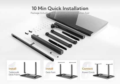 Claiks Glass Standing Desk with Drawers, 55 Inch Adjustable Stand Up Desk, Quick Install Home Office Computer Desk with USB Ports, Black