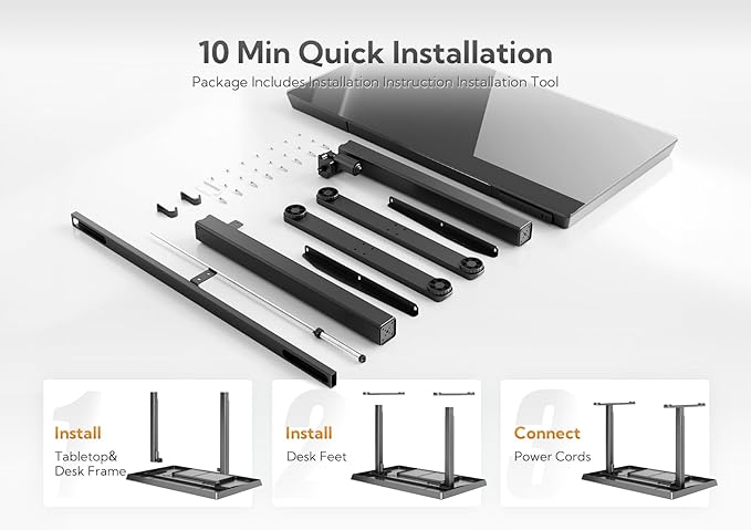 Claiks Glass Standing Desk with Drawers, 40 Inch Adjustable Stand Up Desk, Quick Install Home Office Computer Desk with USB Ports, Black