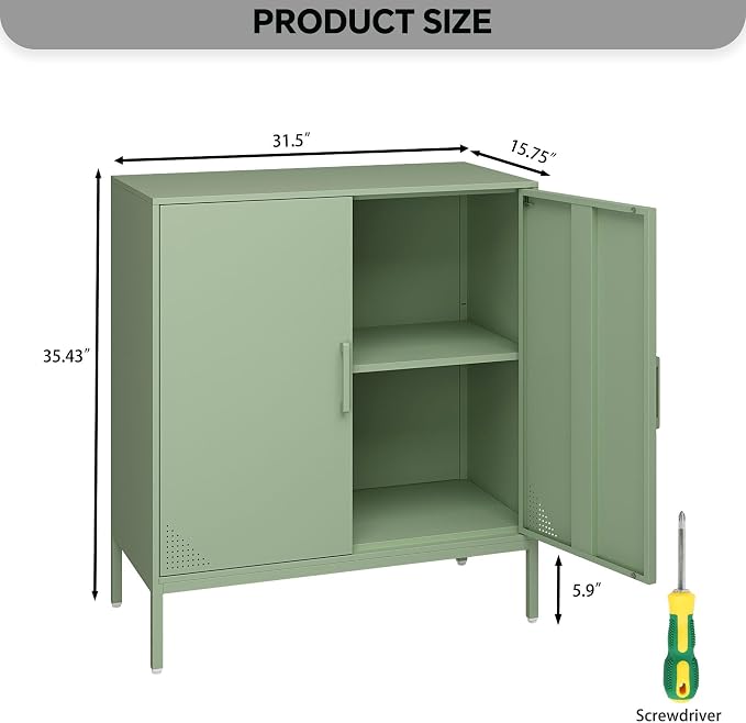 Steehoom Metal Storage Cabinet with Adjustable Shelf, 2 Door Locker Cabinet Buffet Sideboard for Kitchen Pantry, Dining Room, Office, Entryway, Bar (Green, 31.5" D x 15.75" W x 35.43" H)