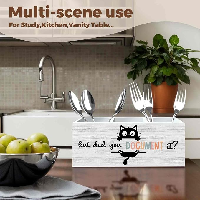 Funny Black Cat Pencil Pen Holder for Desk Organizer, Black Cat Gifts, HR Human Resource Gifts, But Did You Document It Wooden Box Decorations for Office Workplace Desk Tabletop Decor