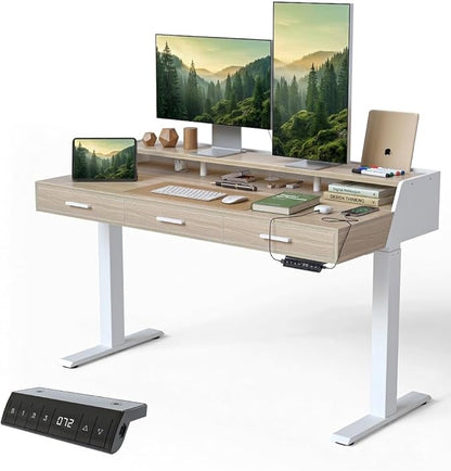 CubiCubi Standing Desk 55x26 Inches with 3 Wood Drawers and Monitor Shelf, Ergonomic Rising Home Office Desks, Height Adjustable Computer Desk, Sit Stand Up Electric Workstation Table, Pale Walnut