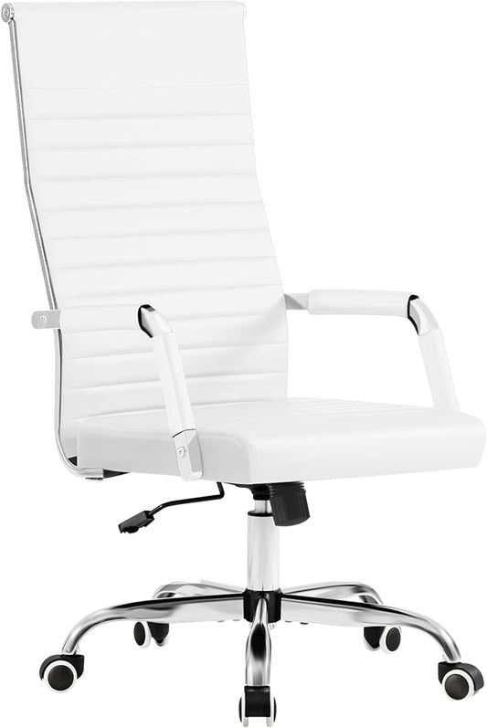 Furmax Ribbed Office Chair High Back PU Leather Executive Conference Chair Adjustable Swivel Chair with Arms (White)
