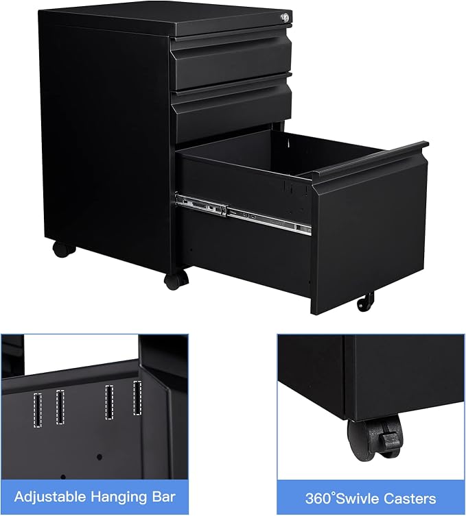 Yizosh 3 Drawer Mobile File Cabinet with Lock, Black Under Desk Rolling Filing Cabinet, Metal Locking File Cabinet on Wheels for Legal/Letter/A4 File (Full Assemble)