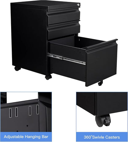 Yizosh 3 Drawer Mobile File Cabinet with Lock, Black Under Desk Rolling Filing Cabinet, Metal Locking File Cabinet on Wheels for Legal/Letter/A4 File (Full Assemble)