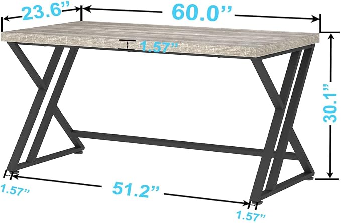 LVB 60 Inch Modern Grey Wood Metal Computer Desk, Home Office Executive Desk for Bedroom Gaming Study Writing Work, Industrial Simple Student PC Table with Storage