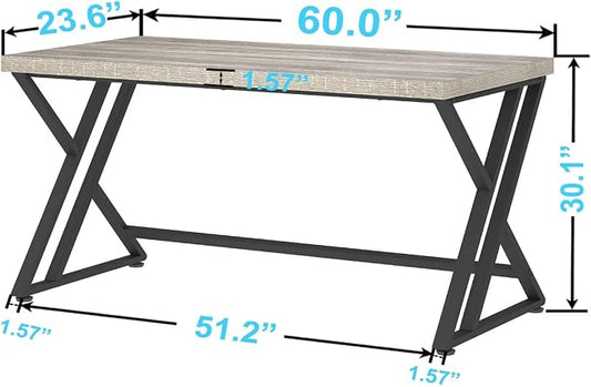 LVB 60 Inch Modern Grey Wood Metal Computer Desk, Home Office Executive Desk for Bedroom Gaming Study Writing Work, Industrial Simple Student PC Table with Storage