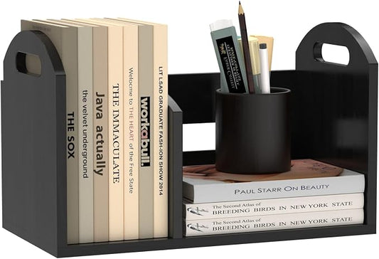 Wood Desktop Bookshelf, Upright Tabletop Book Shelf With Adjustable Divider Secure Books in Place, Desk Shelf for Top of Desk in Living Room Home Office, Perfect for Books Magazine File (Black)