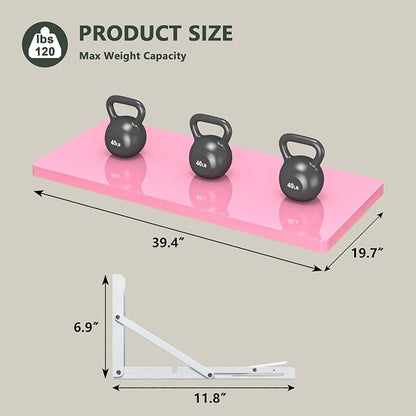 Clikuutory Wall Mounted High Gloss Folding Table, Wall Desk Fold Down for Small Spaces, Folding Workbench for Laundry Room, Home Office, Kitchen, Bedroom, Home Bar, Pink (39.4"×19.7")