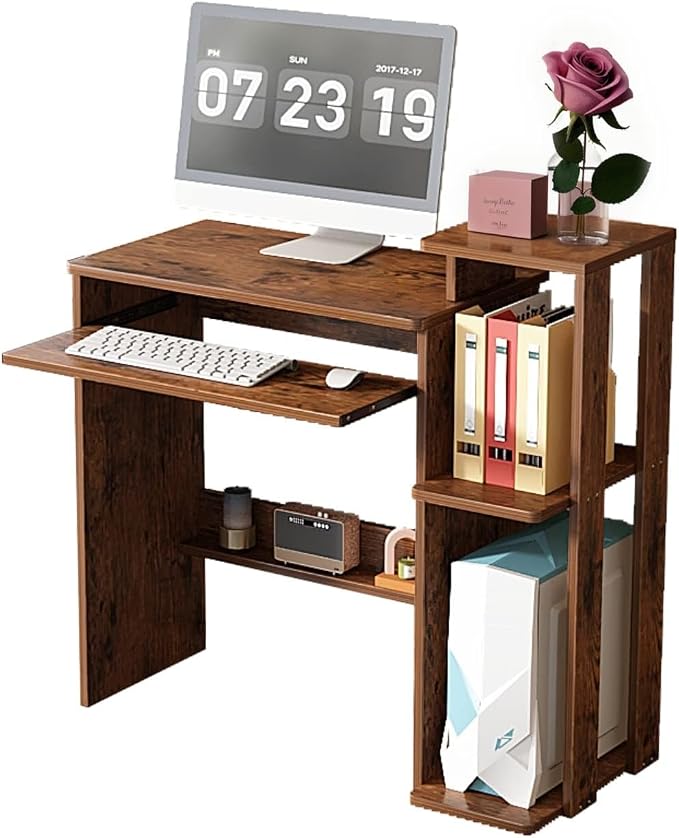35" Compact Computer Desk with 3-Tier Storage Shelves & Keyboard Tray – Small Study Table for Bedroom or Home Office (Brown)