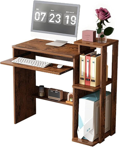 35" Compact Computer Desk with 3-Tier Storage Shelves & Keyboard Tray – Small Study Table for Bedroom or Home Office (Brown)