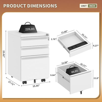 3 Drawer Under Desk Storage,Small File Cabinet with Lock,Filing Cabinet for Home Office,Mobile Metal Drawer Organizer for Letter/Legal/A4,Fully Assembled,White