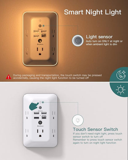 Addtam Surge Protector Outlet Extender, Plug Extension Outlet with Night Light, 5-Outlet Splitter and 4 USB Ports(1 USB C), Multi Plug Wall Outlet for Home Office Dorm Room Essentials