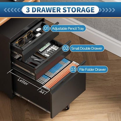Locking File Cabinet 3 Drawers on Wheels Under Desk, Metal Filing Cabinets for Home Office, A4, Letter-Size Files, Hanging File Folders-Black