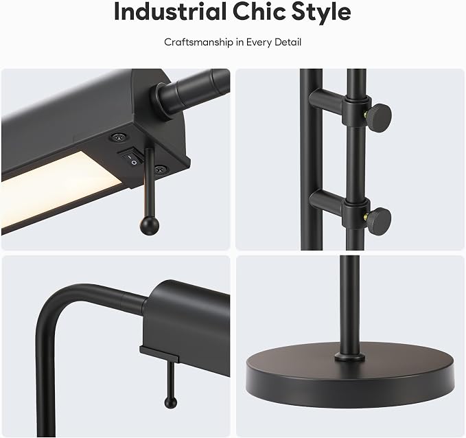 VONLUCE Rustic Desk Lamp, Adjustable Industrial Style Metal Table Lamp, 3 Color Temperatures LED Reading Lamp for Living Room Bedroom Office, Black