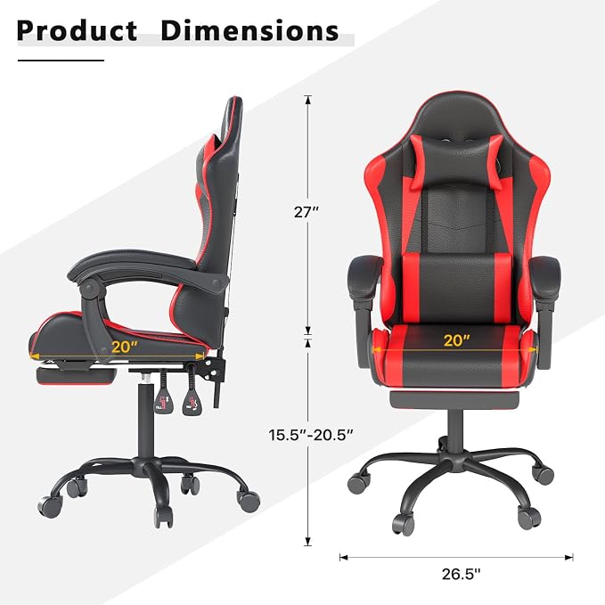 OS MOTOR Gaming Chair with Headrest and Lumbar Support, Ergonomic High Back Office Chair, Racing Style Executive Computer Desk Chair, Leather Adjustable Swivel Task Chair for Home Office (Red Black)